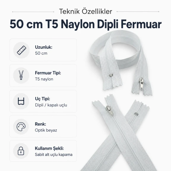 Hırka, Yelek ve Dış Giyim Fermuarı Naylon 50 cm T5 Dipli Optik Beyaz