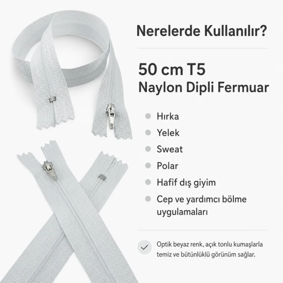 Hırka, Yelek ve Dış Giyim Fermuarı Naylon 50 cm T5 Dipli Optik Beyaz