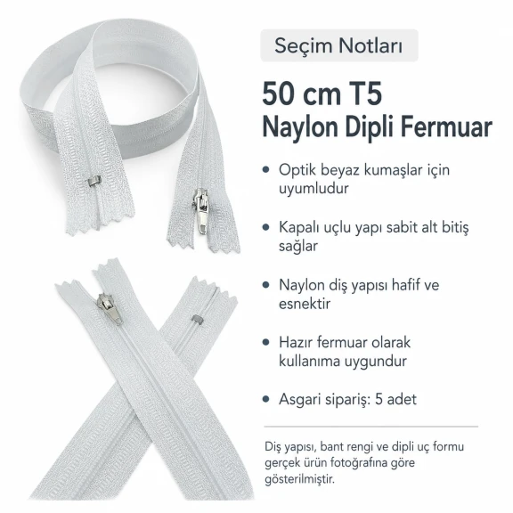 Hırka, Yelek ve Dış Giyim Fermuarı Naylon 50 cm T5 Dipli Optik Beyaz