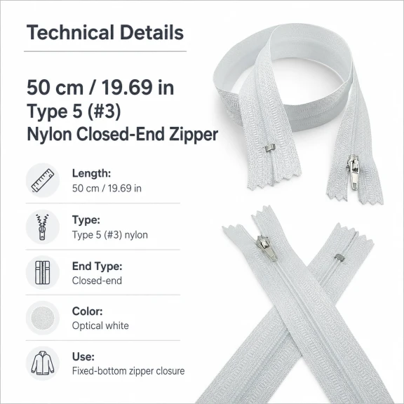 Hırka, Yelek ve Dış Giyim Fermuarı Naylon 50 cm T5 Dipli Optik Beyaz