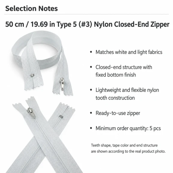 Hırka, Yelek ve Dış Giyim Fermuarı Naylon 50 cm T5 Dipli Optik Beyaz
