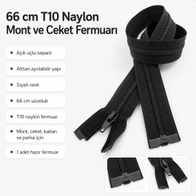 Mont ve Ceket Fermuarı Naylon 66 cm T10 Açık Uçlu Separe Siyah ZPS0066T10