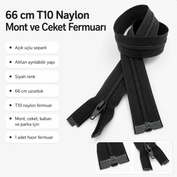 Mont ve ceket fermuarı naylon 66 cm T10 açık uçlu separe siyah, dış giyim ürünlerinde tam açılan ön kapama için ideal