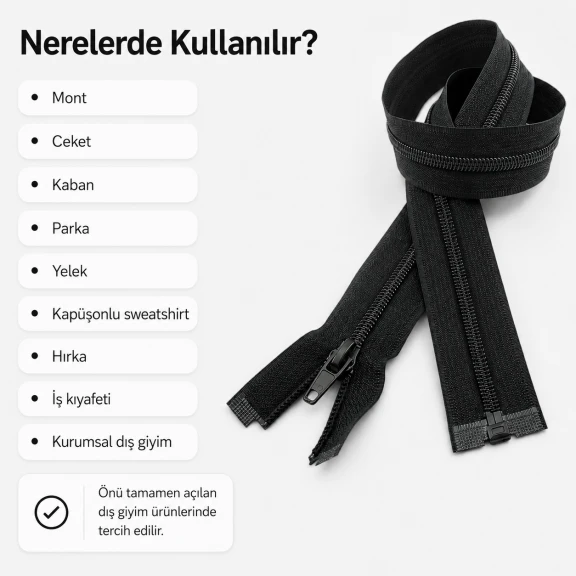 Mont ve ceket fermuarı naylon 66 cm T10 açık uçlu separe siyah, dış giyim ürünlerinde tam açılan ön kapama için ideal