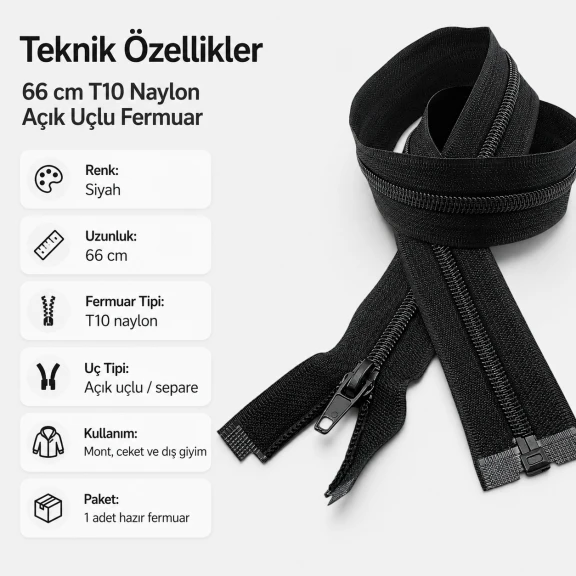 Mont ve ceket fermuarı naylon 66 cm T10 açık uçlu separe siyah, dış giyim ürünlerinde tam açılan ön kapama için ideal