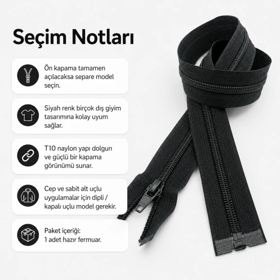 Mont ve ceket fermuarı naylon 66 cm T10 açık uçlu separe siyah, dış giyim ürünlerinde tam açılan ön kapama için ideal