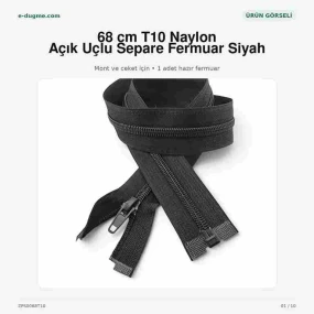 Mont ve Ceket Fermuarı Naylon 68 cm T10 Açık Uçlu Separe Siyah ZPS0068T10