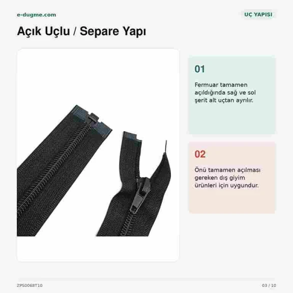 Mont ve Ceket Fermuarı Naylon 68 cm T10 Açık Uçlu Separe Siyah ZPS0068T10