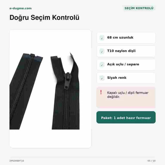 Mont ve Ceket Fermuarı Naylon 68 cm T10 Açık Uçlu Separe Siyah ZPS0068T10