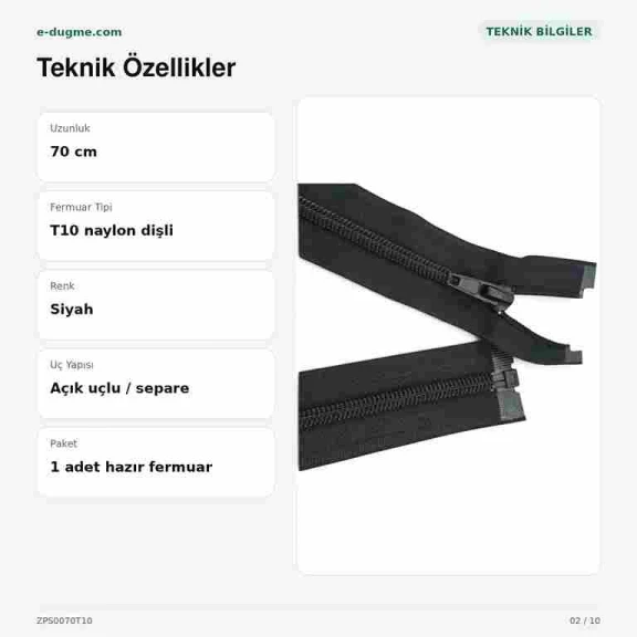 Mont ve Ceket Fermuarı Naylon 70 cm T10 Açık Uçlu Separe Siyah ZPS0070T10 - Dış giyim ürünlerinde kullanılmak üzere