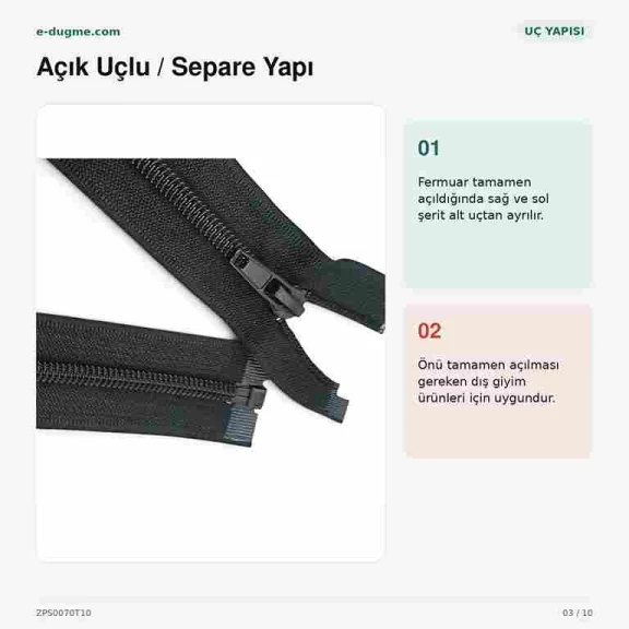 Mont ve Ceket Fermuarı Naylon 70 cm T10 Açık Uçlu Separe Siyah ZPS0070T10 - Dış giyim ürünlerinde kullanılmak üzere