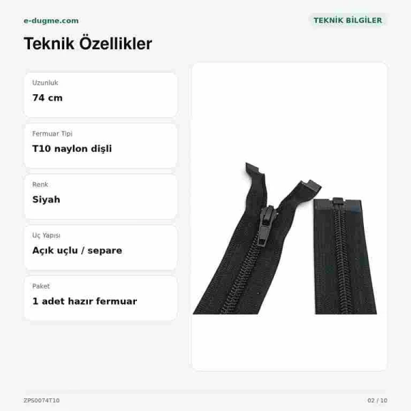 Mont ve Ceket Fermuarı Naylon 74 cm T10 Açık Uçlu Separe Siyah ZPS0074T10