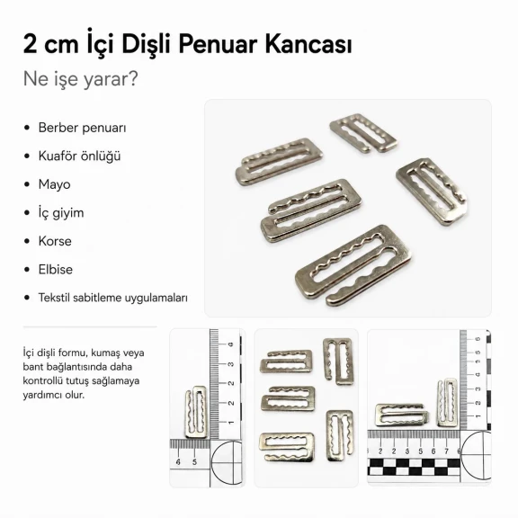 Kanca Toka 2 cm İçi Dişli Penuar Kancası, Zamak Metal Malzemeden Üretilmiştir, Sütyen, Mayo ve Elbise Üretiminde Kullanım