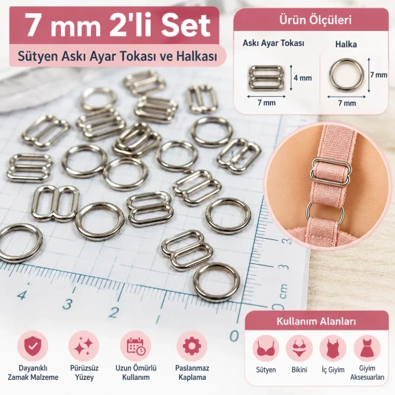 7 mm Zamak Sütyen Askı Ayar Tokası ve Halkası 2'li Set PIR700007Z