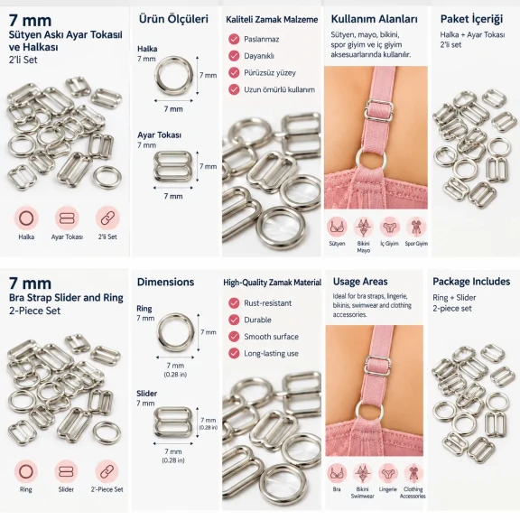 7 mm Zamak Sütyen Askı Ayar Tokası ve Halkası 2'li Set PIR700007Z