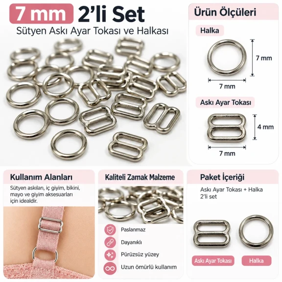 7 mm Zamak Sütyen Askı Ayar Tokası ve Halkası 2'li Set PIR700007Z