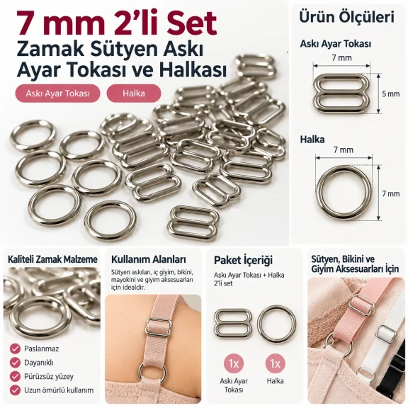 7 mm Zamak Sütyen Askı Ayar Tokası ve Halkası 2'li Set PIR700007Z
