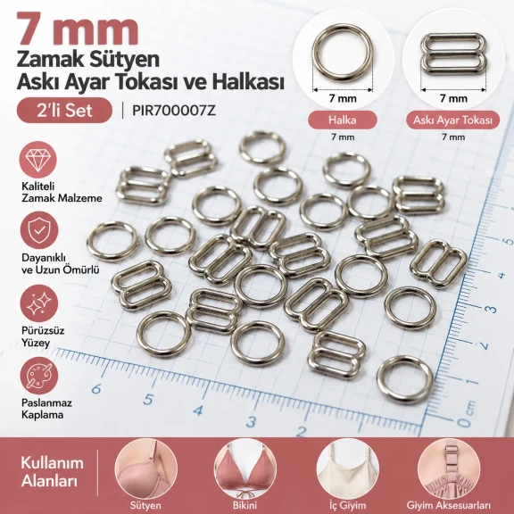 7 mm Zamak Sütyen Askı Ayar Tokası ve Halkası 2'li Set PIR700007Z
