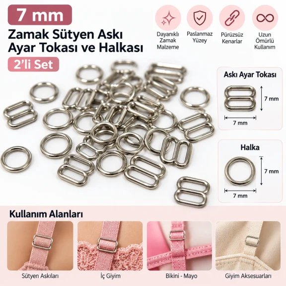 7 mm Zamak Sütyen Askı Ayar Tokası ve Halkası 2'li Set PIR700007Z
