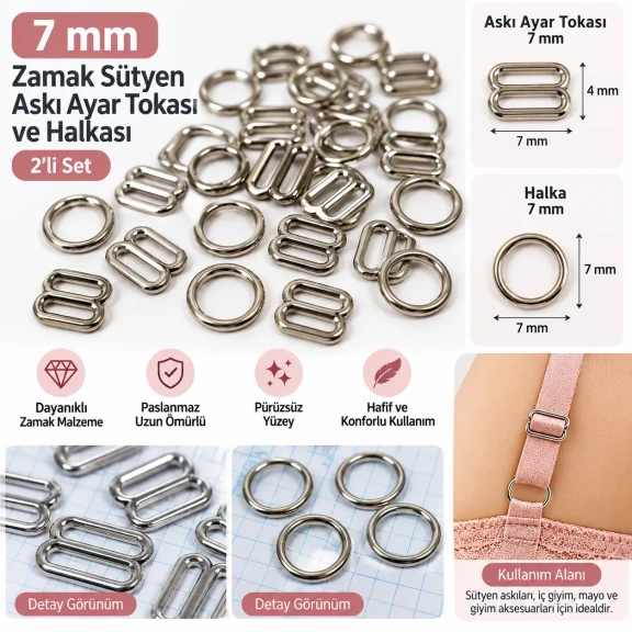 7 mm Zamak Sütyen Askı Ayar Tokası ve Halkası 2'li Set PIR700007Z