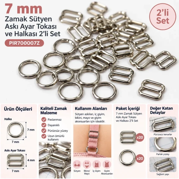 7 mm Zamak Sütyen Askı Ayar Tokası ve Halkası 2'li Set PIR700007Z