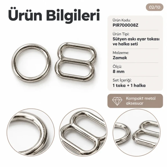 8 mm Zamak Sütyen Askı Ayar Tokası ve Halkası 2'li Set PIR700008Z