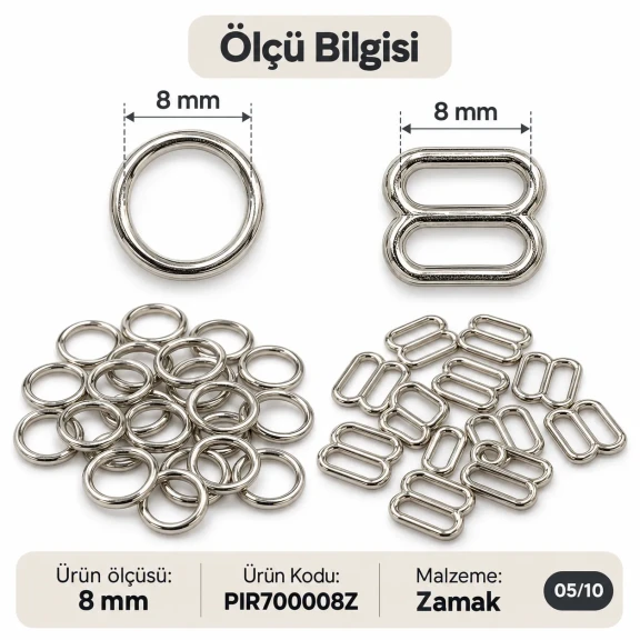 8 mm Zamak Sütyen Askı Ayar Tokası ve Halkası 2'li Set PIR700008Z