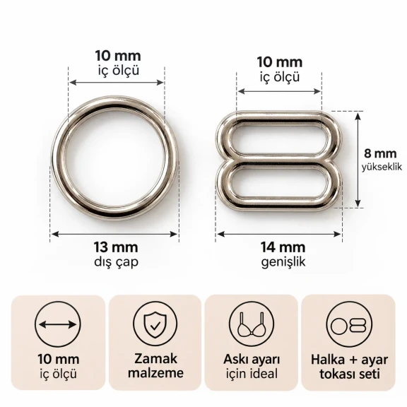 10 mm Zamak Sütyen Askı Ayar Tokası ve Halkası 2'li Set PIR700010Z