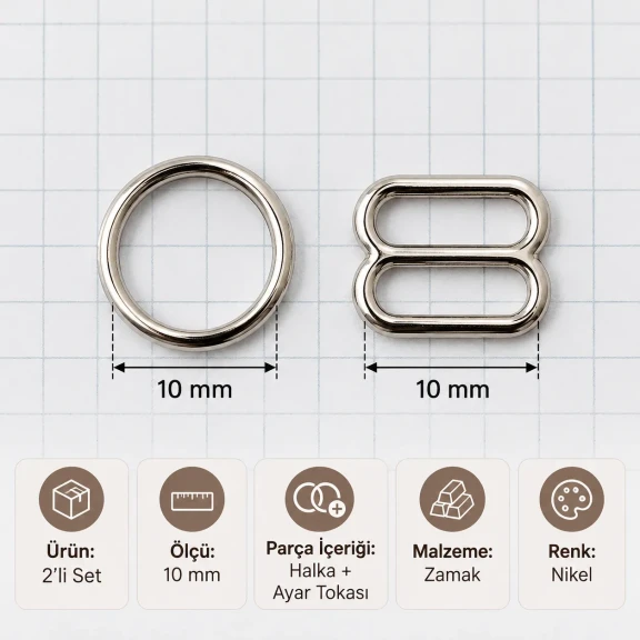 10 mm Zamak Sütyen Askı Ayar Tokası ve Halkası 2'li Set PIR700010Z