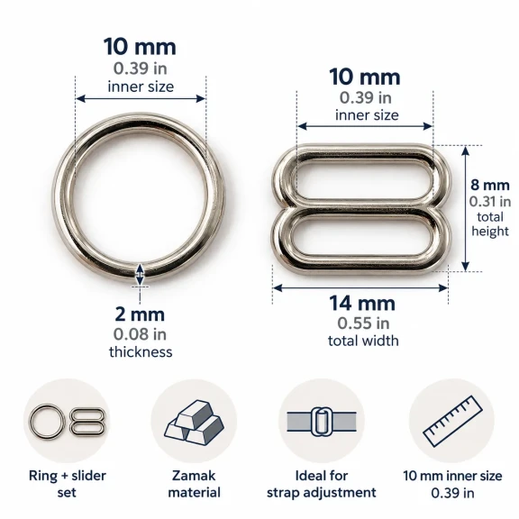10 mm Zamak Sütyen Askı Ayar Tokası ve Halkası 2'li Set PIR700010Z