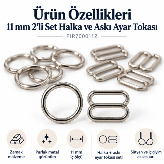 11 mm Zamak Sütyen Askı Ayar Tokası ve Halkası 2'li Set PIR700011Z