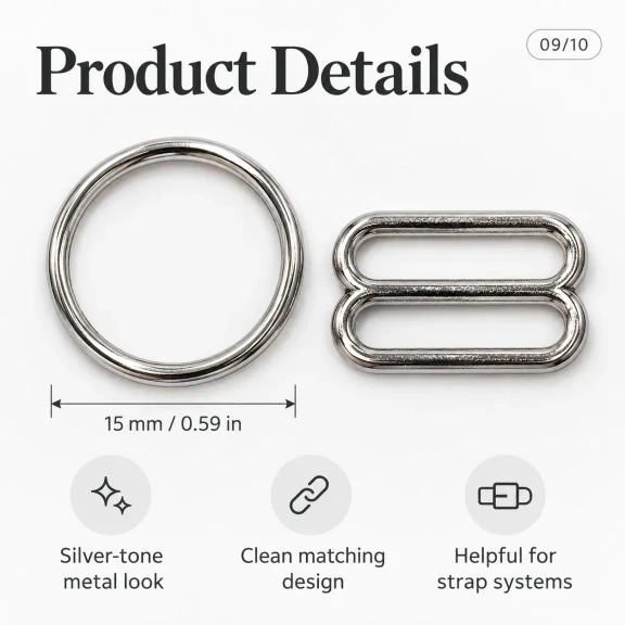 15 mm / 0.59 in Zamak Bra Strap Slider and Ring 2-Piece Set PIR700015Z