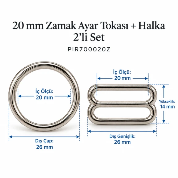 20 mm Zamak Sütyen Askı Ayar Tokası ve Halkası 2'li Set PIR700020Z