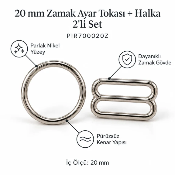 20 mm Zamak Sütyen Askı Ayar Tokası ve Halkası 2'li Set PIR700020Z
