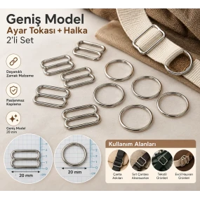 20 mm Zamak Geniş Model Sütyen Askı Ayar Tokası ve Halkası 2'li Set PIR702020Z