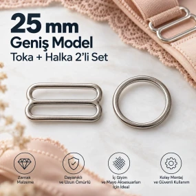 25 mm Zamak Geniş Model Sütyen Askı Ayar Tokası ve Halkası 2'li Set PIR702025Z