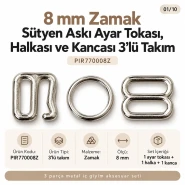 8 mm Zamak Sütyen Askı Ayar Tokası, Halkası ve Kancası 3'lü Takım PIR770008Z
