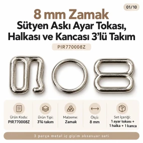8 mm Zamak Sütyen Askı Ayar Tokası, Halkası ve Kancası 3'lü Takım PIR770008Z