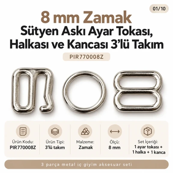 8 mm Zamak Sütyen Askı Ayar Tokası, Halkası ve Kancası 3'lü Takım PIR770008Z