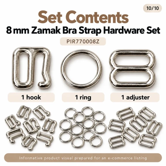 8 mm Zamak Sütyen Askı Ayar Tokası, Halkası ve Kancası 3'lü Takım PIR770008Z