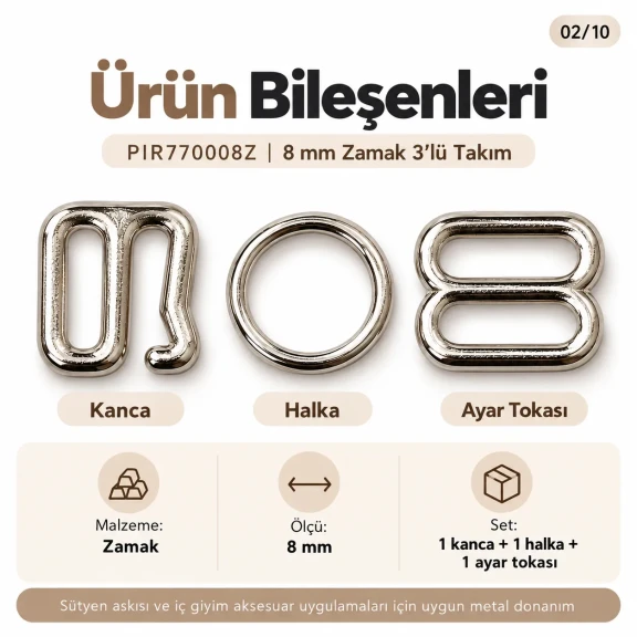 8 mm Zamak Sütyen Askı Ayar Tokası, Halkası ve Kancası 3'lü Takım PIR770008Z