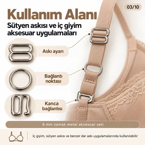 8 mm Zamak Sütyen Askı Ayar Tokası, Halkası ve Kancası 3'lü Takım PIR770008Z