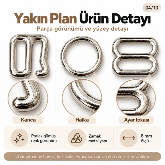 8 mm Zamak Sütyen Askı Ayar Tokası, Halkası ve Kancası 3'lü Takım PIR770008Z