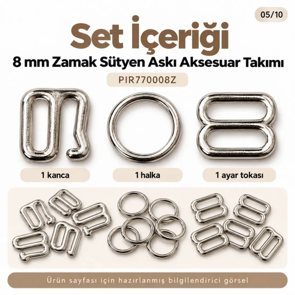 8 mm Zamak Sütyen Askı Ayar Tokası, Halkası ve Kancası 3'lü Takım PIR770008Z