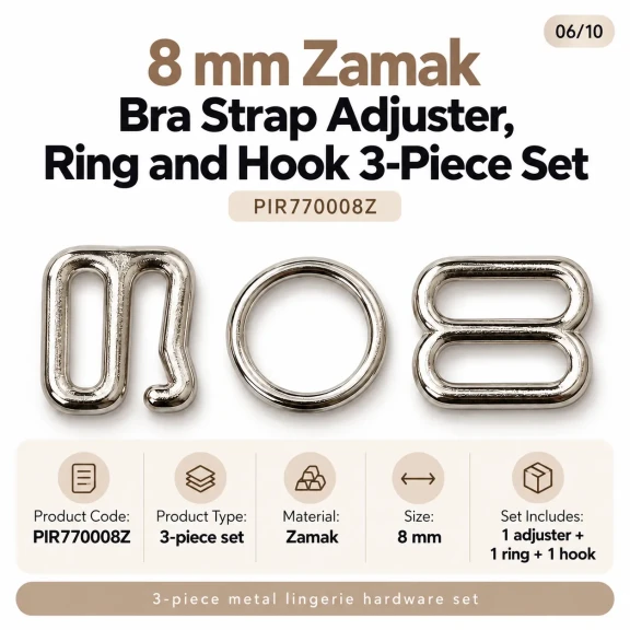 8 mm Zamak Sütyen Askı Ayar Tokası, Halkası ve Kancası 3'lü Takım PIR770008Z