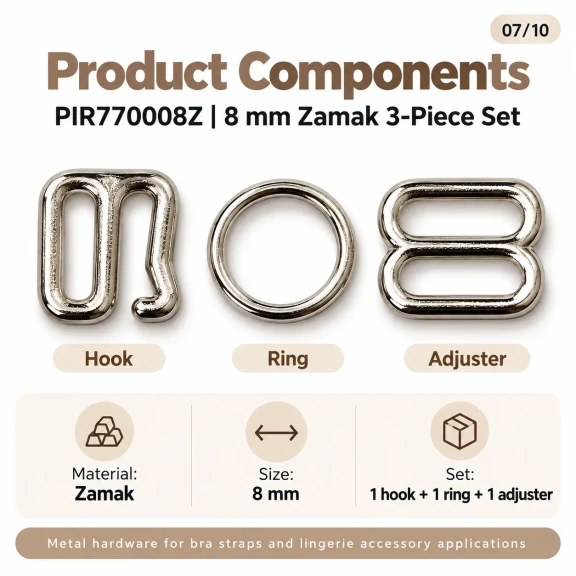 8 mm Zamak Sütyen Askı Ayar Tokası, Halkası ve Kancası 3'lü Takım PIR770008Z