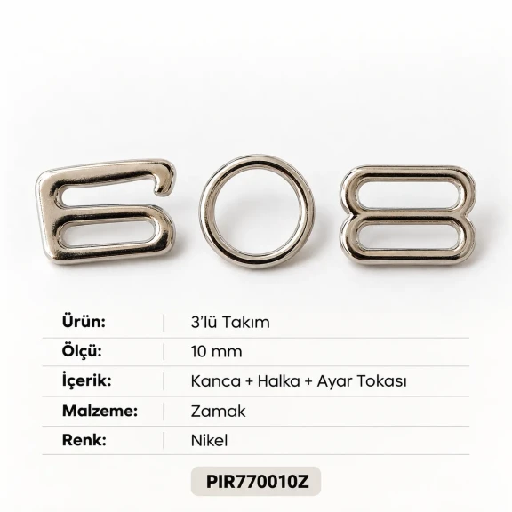 10 mm Zamak Sütyen Askı Ayar Tokası, Halkası ve Kancası 3'lü Takım PIR770010Z