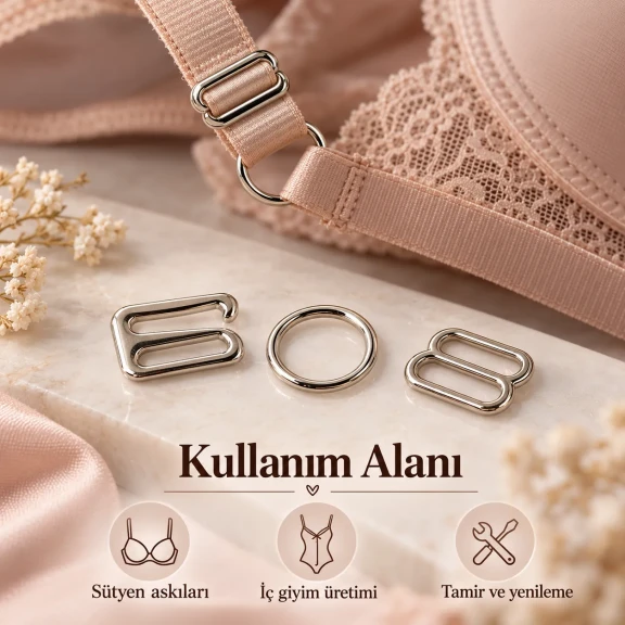 10 mm Zamak Sütyen Askı Ayar Tokası, Halkası ve Kancası 3'lü Takım PIR770010Z