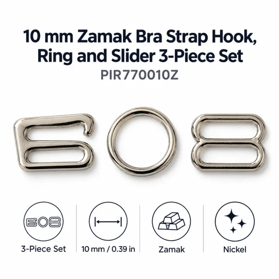 10 mm Zamak Sütyen Askı Ayar Tokası, Halkası ve Kancası 3'lü Takım PIR770010Z