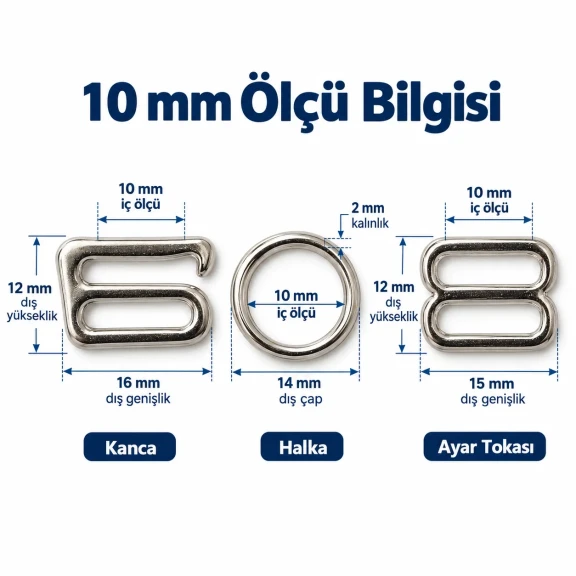 10 mm Zamak Sütyen Askı Ayar Tokası, Halkası ve Kancası 3'lü Takım PIR770010Z